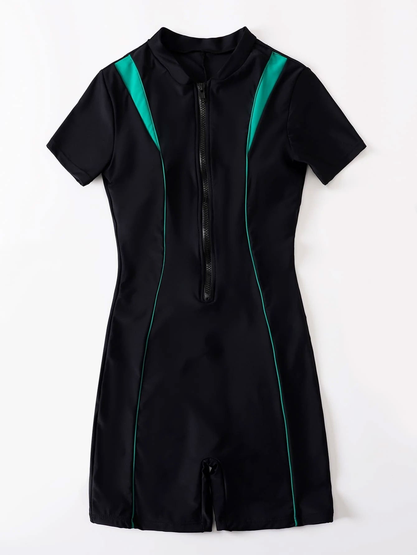 Contrast Binding Zipper Front One Piece Swimsuit