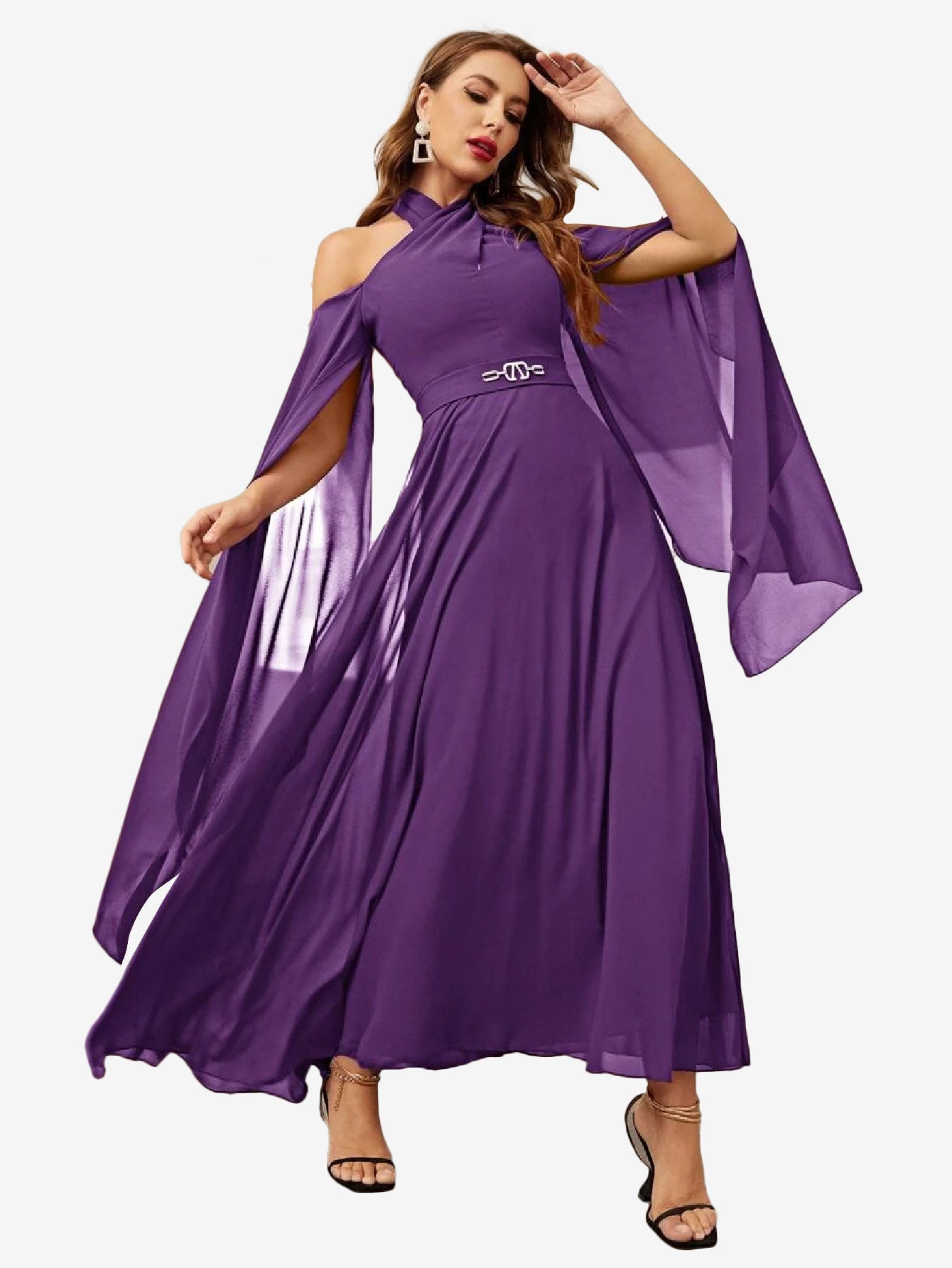 Halterneck Split Sleeve Chiffon A-Line Dress