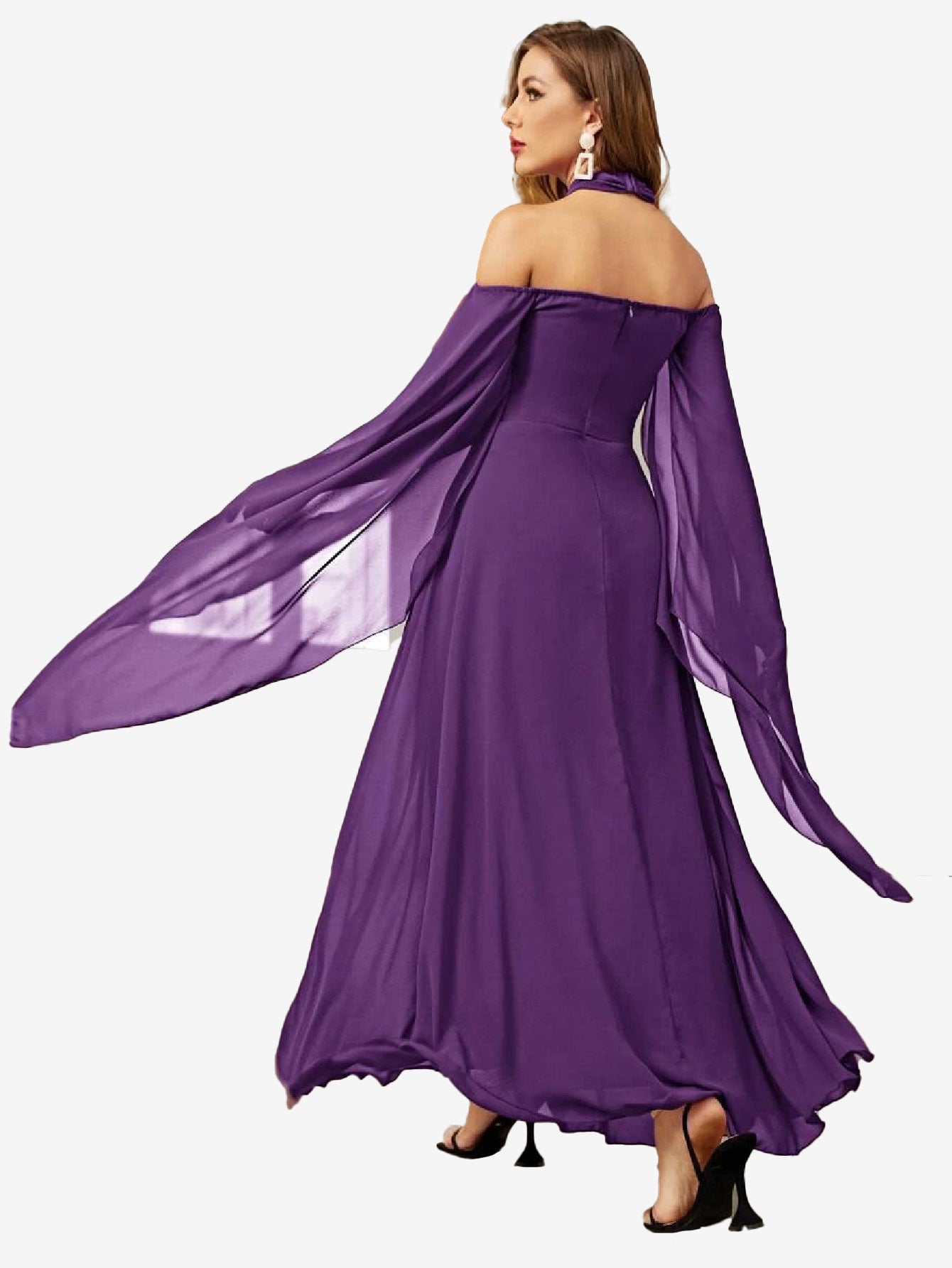 Halterneck Split Sleeve Chiffon A-Line Dress